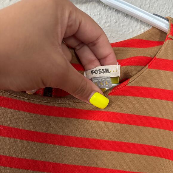 Fossil Orange Striped Knee Length Dress 3/4 Sleeve Exposed Zipper Back Sze Large - Picture 3 of 8
